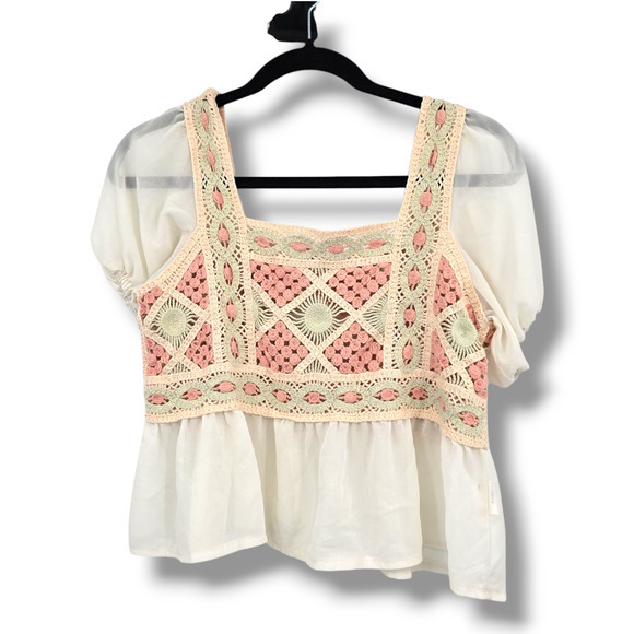 Rebellion Again Women's Boho Crochet Sheer Ruffle Chiffon Cropped Blouse Medium - Picture 1 of 9